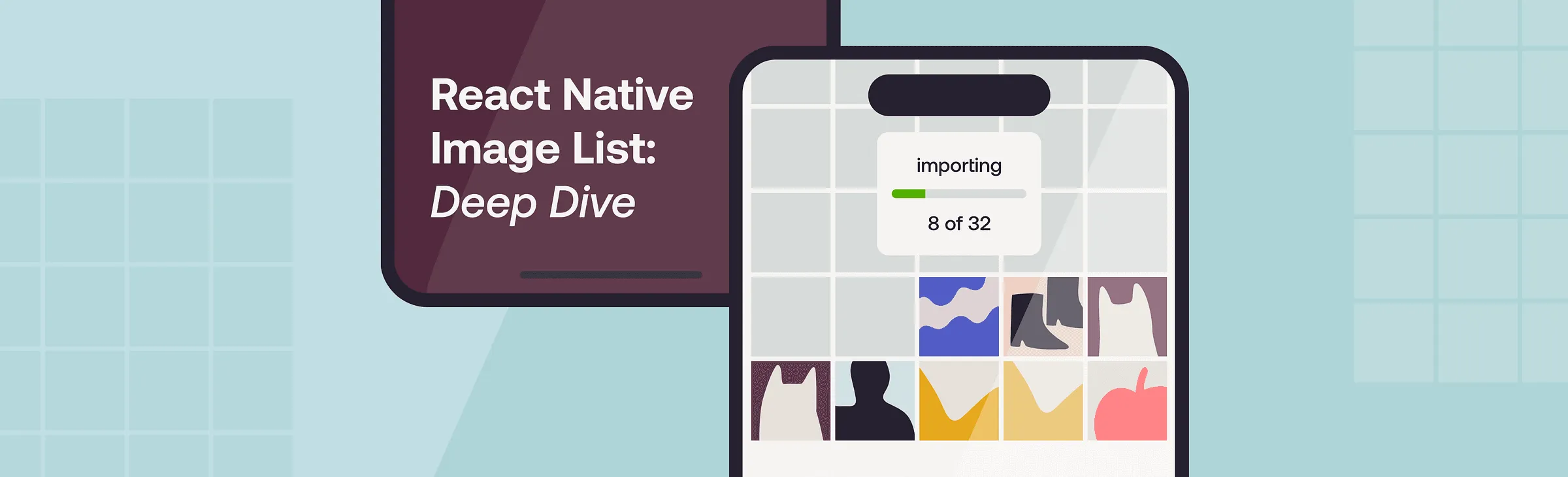 React Native Image List Deep Dive cover with a phone photo grid and import progress